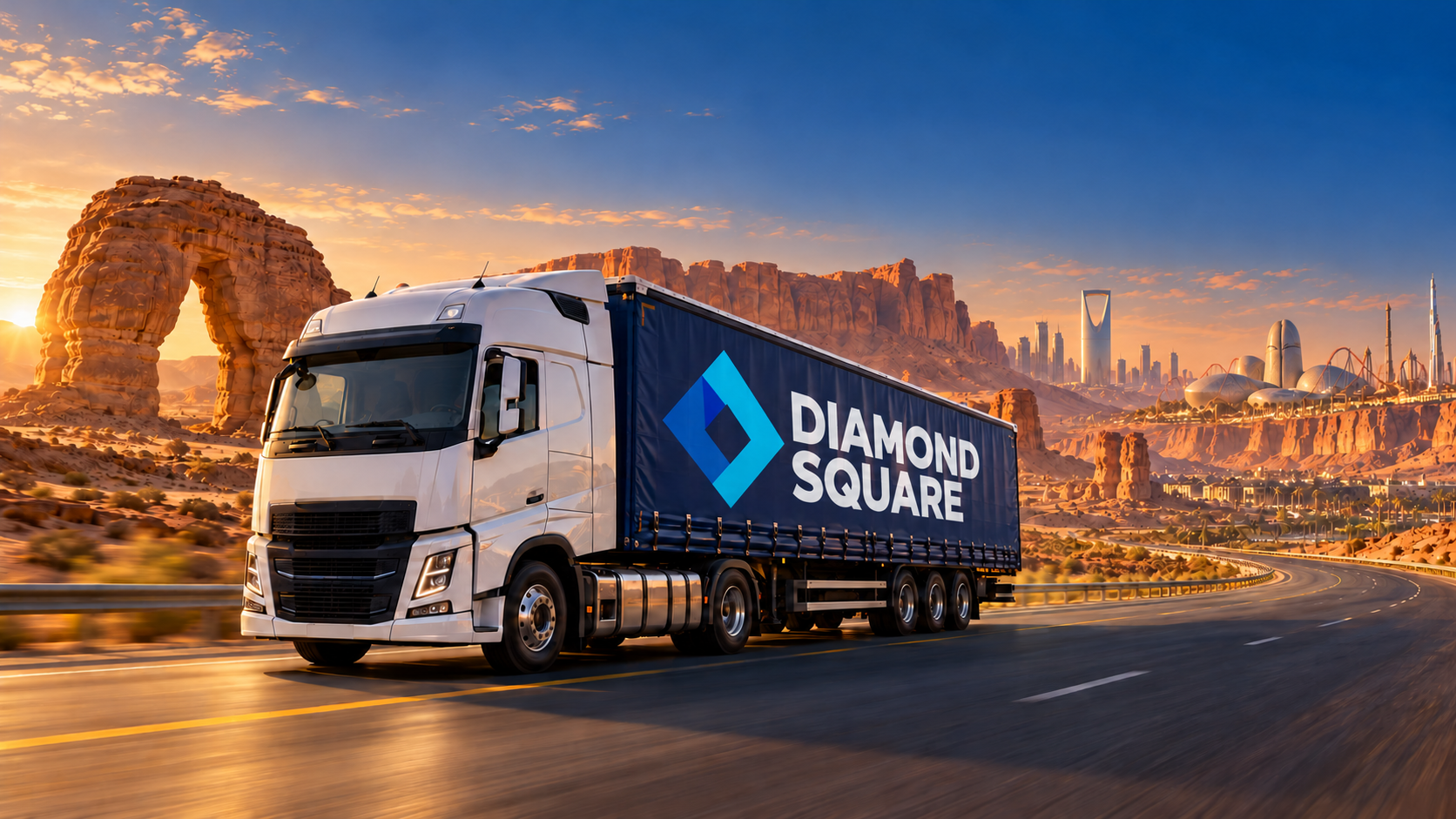 Illustrative DIAMOND SQUARE truck among Saudi-inspired landmarks